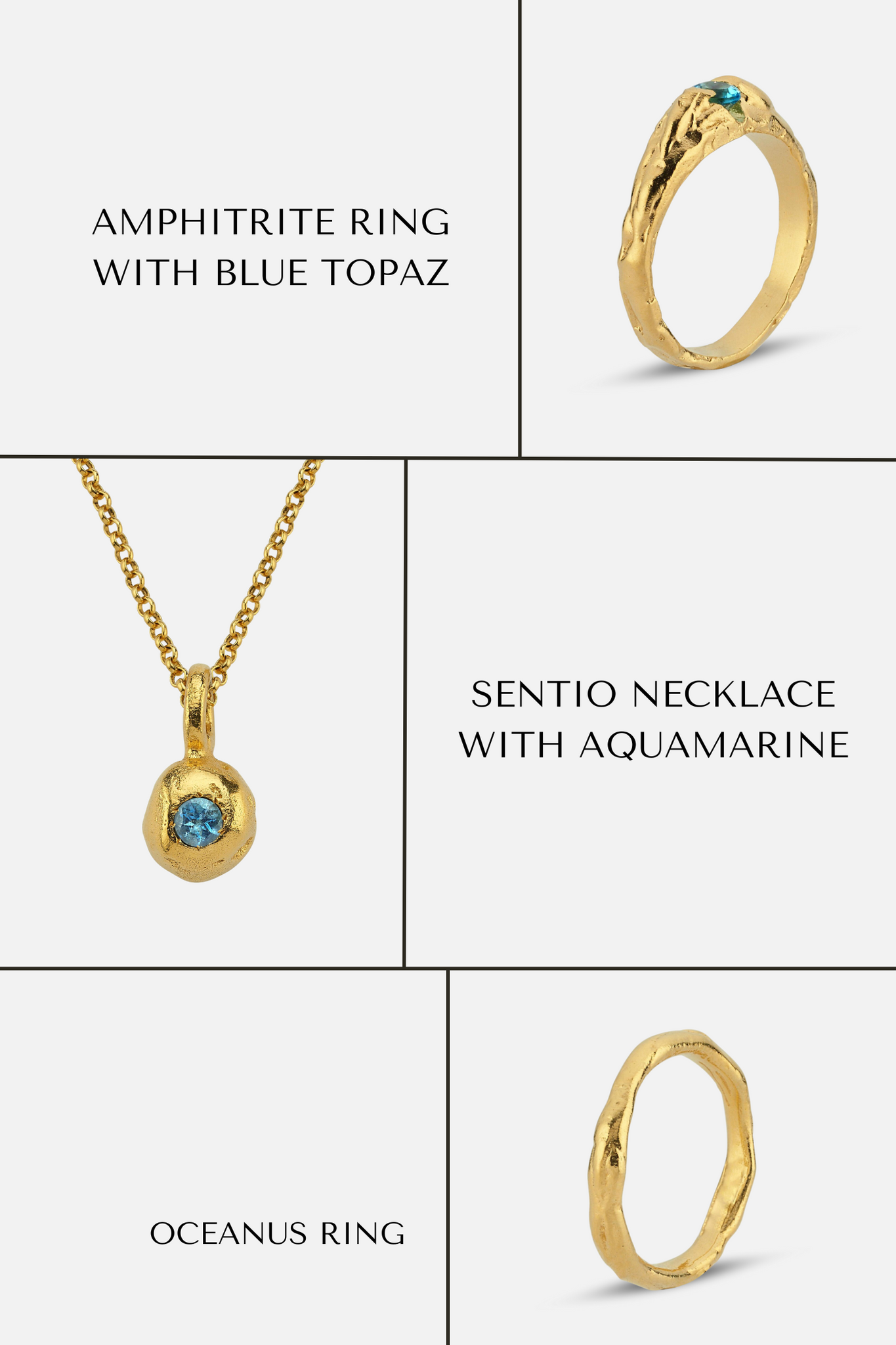 Amphitrite Ring with Blue Topaz, Sentio Necklace with Aquamarine, and Oceanus Ring Jewellery Set